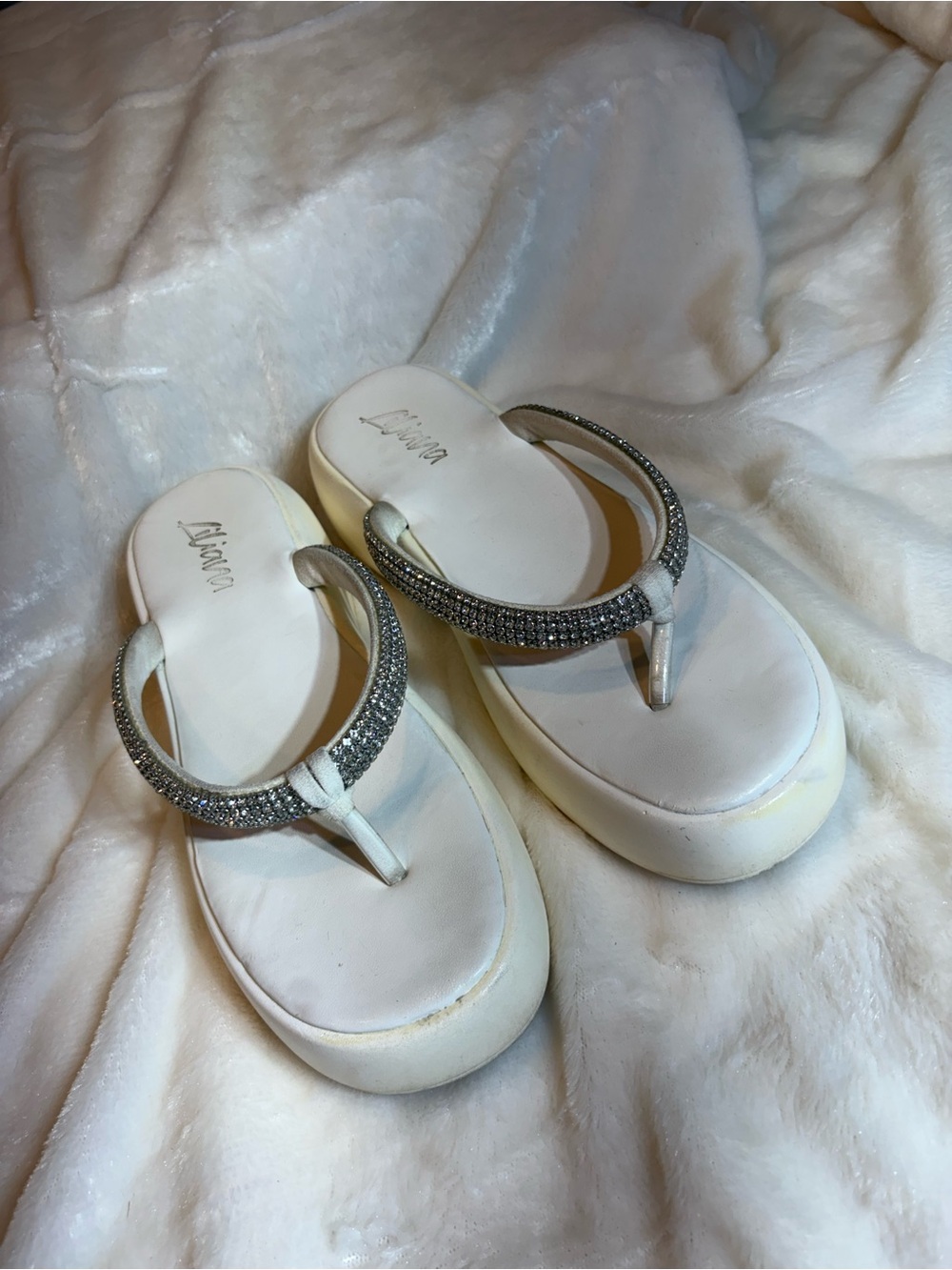 Liliana White Platform Thong Sandals with Rhinestone Straps